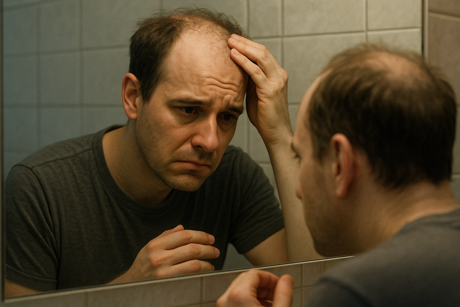person looking in the mirror sad because they are losing hair 